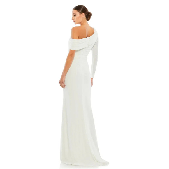 Ieena for Mac Duggal Ruched Jersey Drop Shoulder Foldover Neckline Gown White - Picture 2 of 7